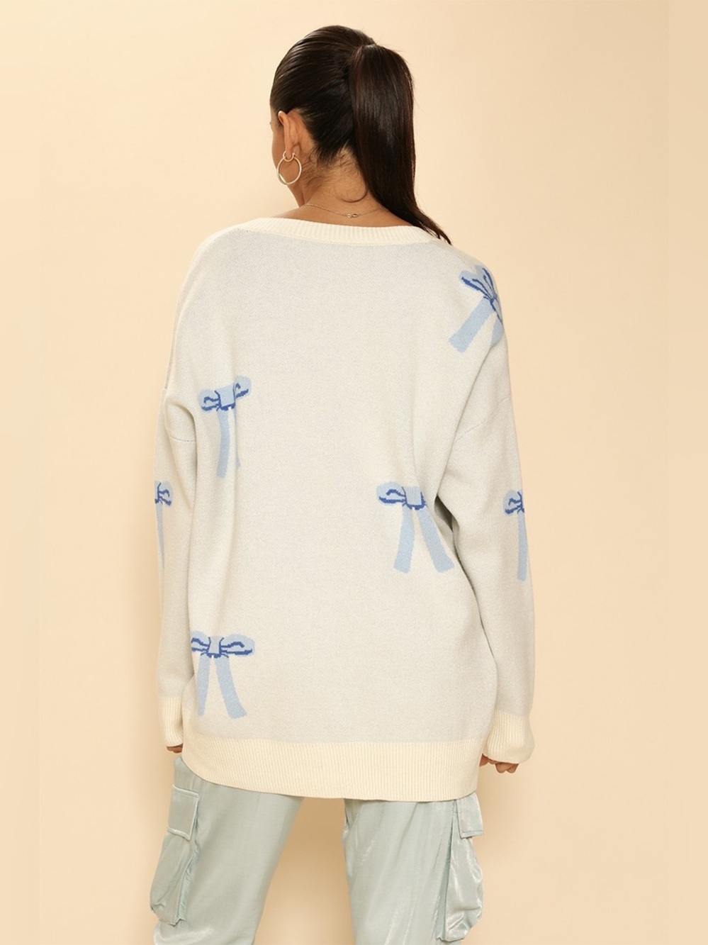 Miss Sparkling All Over Bow Oversized Knit Cardigan Size L in Blue - Picture 5 of 5